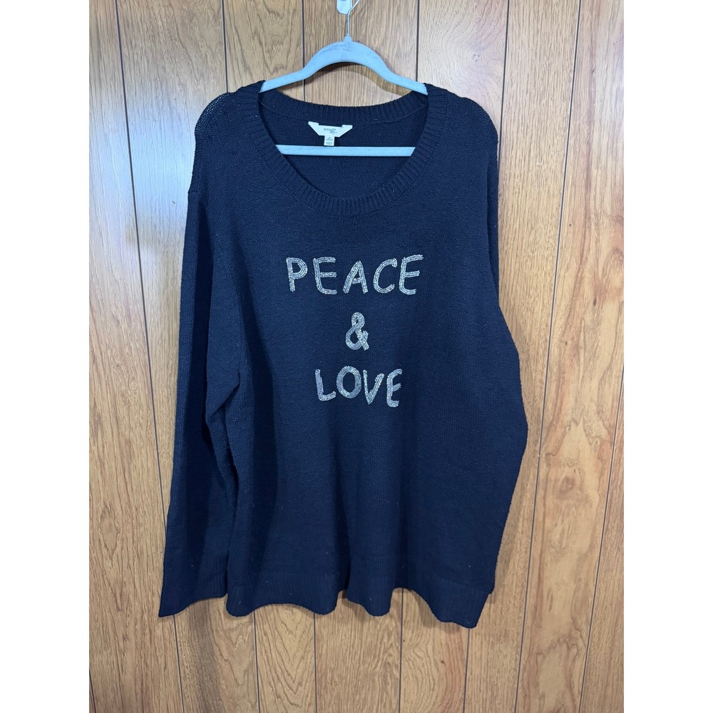 Terra & Sky Womens 4X Black Peace & Love Sequin Graphic Sweater Plus Size